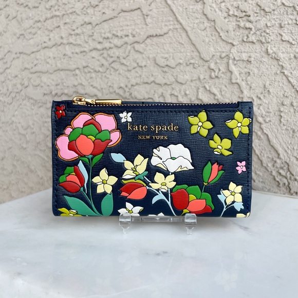 KATE SPADE Navy Pink Embossed Floral Garden Flower Bed Small Slim Bifold Wallet - Picture 7 of 16